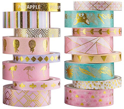 yubbaex Washi Tape, Masking Tape schwarz-goldene Foliendruck, dekoratives Klebeband für Scrapbooking, Bullet Tagebuch, Planer, Geschenkverpackung, Urlaubsdekoration (Goldfolie 16)
