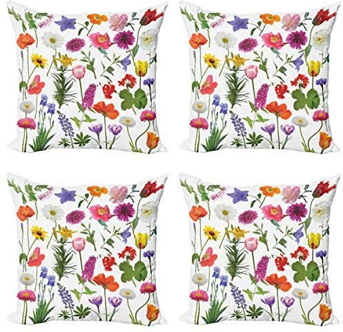 ABAKUHAUS Blume Dekokissen Kissenbezug 4er Pack, Farbige Rosen Tulpen, Modern Accent Doppelseitiger Digitaldruck, 50 x 50 cm, Rosa Grün