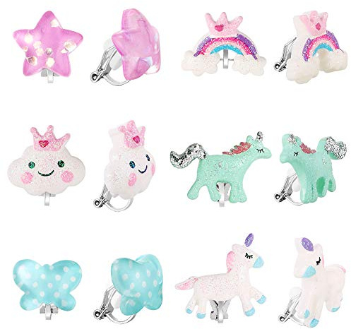 PinkSheep Bling Clip On Ohrringe für kleine Mädchen, Einhorn Regenbogen Ohrringe für Kinder, 6 Paar, Bestes Geschenk