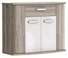 FORTE Rondino Kommode mit 2 Türen und 1 Schublade, Holzwerkstoff, Sandeiche / Weiß Hochglanz, 99,7 x 81,5 x 43 cm