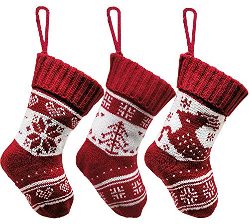 Frgasgds Christmas Stocking Hanging,3 Pieces Christmas Socks Hanging Fireplace Hanging Stockings Reindeer Xmas Stocking Set Knitted Stockings Christmas for Party Treat Xmas Decoration