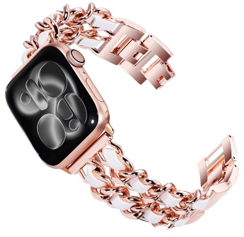 KADES Damen Ersatzarmbänder Kompatibel mit Apple Watch Armband 46mm 45mm 44mm 42mm(Series 3 2 1),Metall Gliederarmband für iWatch SE (3 2 1) Series 11/10/9/8/7/6/5/4/3/2/1, Roségold/Weiß