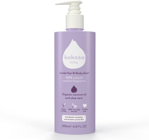 Kokoso - Gel douche cheveux et corps de bébé, parfum 100 % naturel à l'huile de noix de coco - Huile de noix de coco bio et aloe vera - Convient aux peaux sensibles et sujettes à l'eczéma - Sans