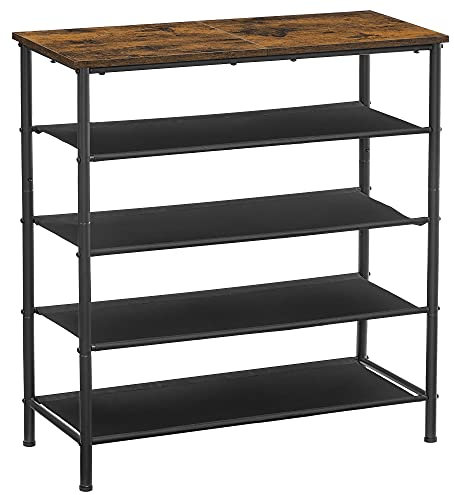 VASAGLE Schuhregal mit 5 Ebenen, platzsparend für Eingangsbereich, 4 Stoffablagen, große Oberfläche für Taschen, Schuhablage, Metall, Industrie-Design, vintagebraun-schwarz LBS036B01