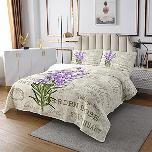 Homewish Lavendel Tagesdecke 240x260, Mädchen Lila Blume Blumen Bettdecke Set Vintage Postkarten Stil Gesteppt Für Kinder Teens Frauen, Grüne Blätter Botanisches Quilt Set Beige 2 Kissenbezüge