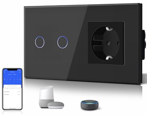 BSEED WLAN Lichtschalter 2 Fach mit Steckdose (Neutralleiter Erforderlich) | WLAN Touch Lichtschalter WIfI Schalter aus Glas Alexa und Google Home Work mit Tuya