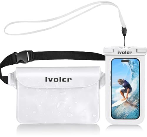 ivoler wasserdichte Tasche Beutel Bauchtasche Schutzhülle mit wasserdichte Handyhülle, Universal Strand-Tasche mit Handytasche Wasserdicht für Wassersport, Strand, Schwimmen, Bootfahren (A-Weiß)