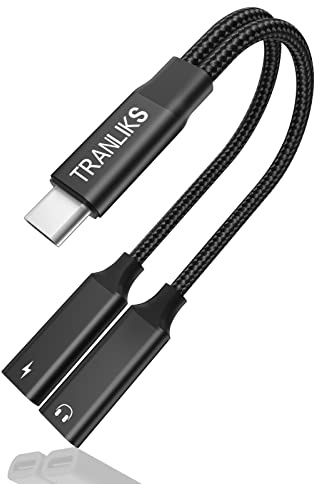 TRANLIKS USB C Splitter 2 USB C, USB C Doppelstecker Adapter Kopfhörer und Laden Verteiler mit PD 60W Schnellladung Aux Audio Kabel für Samsung - Schwarz