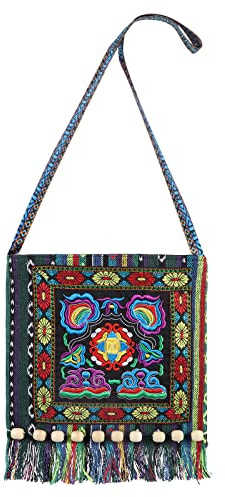 Bestickte Canvas-Tasche mit Quasten, Boho, ethnisch, Umhängetasche, Hippie-Kuriertasche, quadratische Form, Handtasche, Hobo-Crossbody-Tasche für Damen, Blau