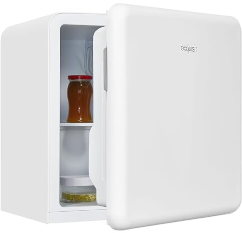 Exquisit Mini-Kühlschrank CKB45-0-031F Weiß - 47 L Minibar - Retro-Design | Kompakter Hotelkühlschrank mit Glasablage und 0-Sterne-Fach, ideal für Getränke und Snacks, freistehende Bauart in Weiß