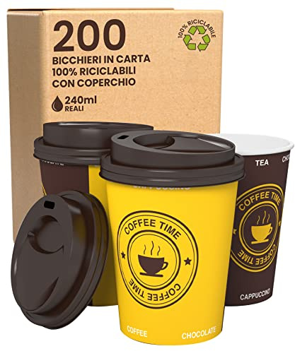 Lot de 200 gobelets en papier, 240 ml, écologiques, biodégradables, jetables à emporter, boissons chaudes et colorées, avec 200 couvercles