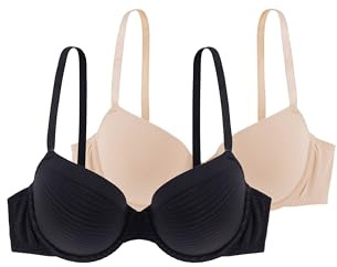 Dorina Comfort T-shirt BH, 3/4-skål dam lätt vadderad randig bygel-BH, 2-pack, LOUISE/ECO-2PP, svart beige rosa elfenben, Svart/beige, 85A