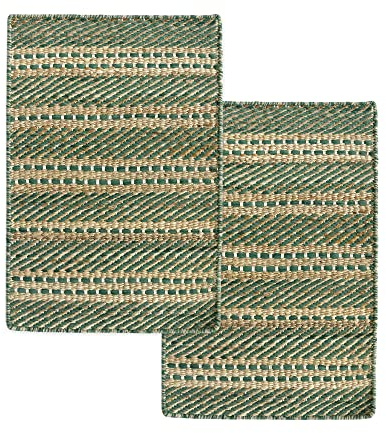 HAMID - Pack 2 Tapis en Jute de Laine Olivia 40x60cm, Tapis en Laine et Jute Tissé à la Main pour Salon, Chambre, Salon, Vert Naturel