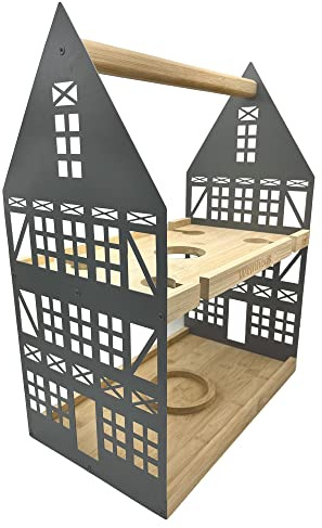 UNUS Home Etagere Weinhaus, 2 Etagen mit Griff, Tablett aus Bambus Holz | für Weinflasche und Weingläser mit Halterungen, Gestell aus Metall