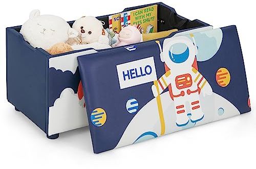 COSTWAY Gepolsterte Spielzeugkiste, Kinder Aufbewahrungsbox mit abnehmbarem Deckel, vielseitige Spielzeugbank mit Raketen & Planetenmuster, für Wohnzimmer, Kinderzimmer, Kindergarten (Blau)