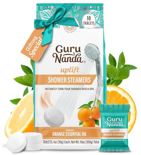 GuruNanda Uplift Shower Steamer Tablets (Pack of 10) - 100% Natural Orange Essential Oil Helps with Mood Enhancement & Relaxation and Eucalyptus aids in Congestion - Perfect for Home Spa & Self Care