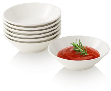 Cuenco Salsa Soja Cuencos Aperitivos - Juego de 6 Tazones para Salsas de Sushi - Set de Bol Tapas Ceramica - Mini Bols para Servir Mermelada | Ketchup | Hummus | Especias | Entrantes - 80 ml - Blanco