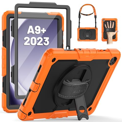 SEYMAC Hülle für Samsung Galaxy Tab A9+ / A9 Plus - 11 Zoll 2023, Orange | Stoßfeste Hülle mit Displayschutzfolie, 360°Drehbarem Ständer, Handschlaufe, Schultergurt, Stifthalter, Arbeit/Outdoor&Alltag