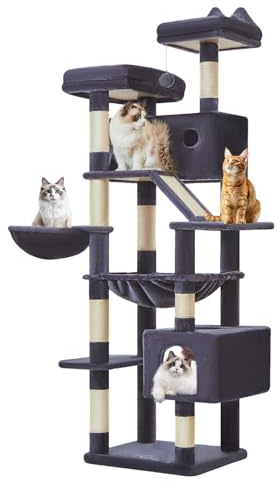 Taoqimiao 180cm Kratzbaum XXL, Großer Katzenbaum Für Große Katzen, MS026LG | Stabil, 8 Kratzsäulen, Mehrstöckig, Mehrkatzen, Katzenkratztafel, 2 Katzenhäuser, Hängehängematte, Korb, Innen, Rauchgrau