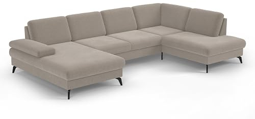 Cavadore Wohnlandschaft Moritz / Sofalandschaft mit Longchair im trendigen Design, Sitztiefenverstellung und mattschwarzen Metallfüßen / 335 x 82 x 212 / Flachgewebe, Beige