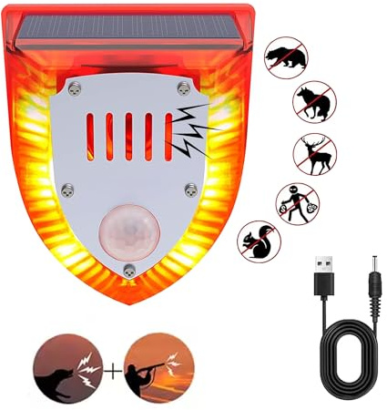 QXMH Détecteur de Mouvement extérieur Solaire : 129 DB, Bruit d'aboiement et de tir, détecteur de Mouvement Puissant, Lampe d'avertissement de Chien Qui aboie (911 V, 1 Paquet)