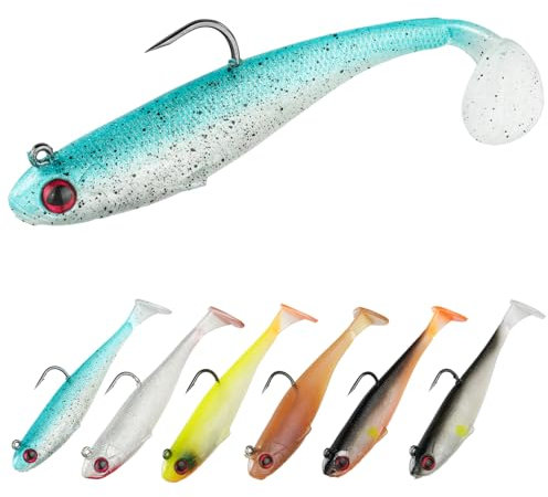 HOTUT Gummifische Angelköder Set, 6 Stück Gummiköder mit Jigkopf, Aufbewahrungsbox, Paddelschwanz, Angelausrüstung Angelköder für Forelle, Zander & Barsch in Süß- und Salzwasser