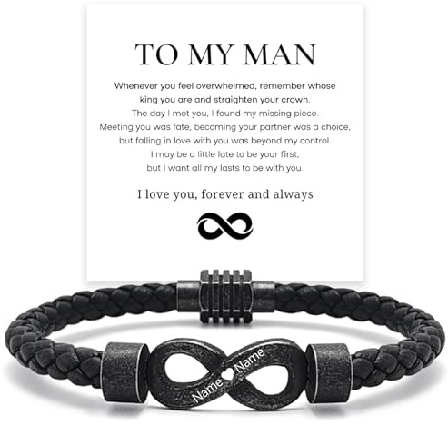 Assote To My Man, Personalized Dual Name Infinity Leather Bracelet, Custom King Crown Bracelet for Men