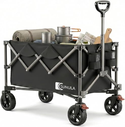 Sunula Festival Trolley with Brake - 250L Capacity & 330LB, Heavy Duty Folding Camping Wagon, All-Terrain Wheels, Patented 4-Way Folding, One-Click Adjustable Handle, Pull-Along Beach Cart - Black