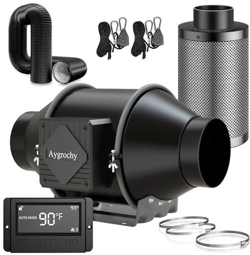Aygrochy Scarico Set per Tente de Culture Hydroponique, 100mm Ventola Aspirazione Kit, regolatore di Temperatura e umidità, Filtro al Carbone dell'Aria e Tubo di Scarico per Tende.