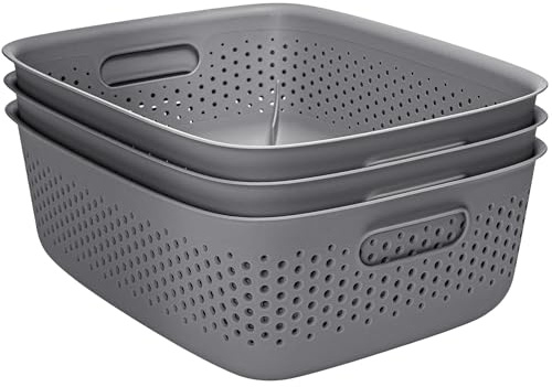 KONZEPT 3er Set Aufbewahrungsbox 10l, Aufbewahrungskorb aus Kunststoff mit Griff, perforierte, grau Boxen zur Aufbewahrung