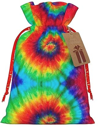 HJLUUFT Jutebeutel mit Batikmuster und Hippie-Druck, Weihnachtsgeschenktasche mit Kordelzug und Geschenkanhänger, Hochzeit, Weihnachten, Partygeschenk