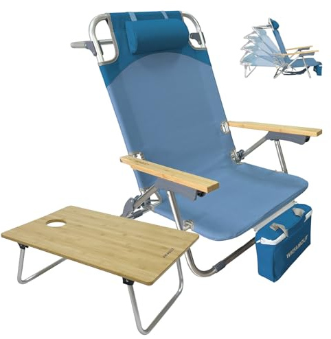 WKFAMOUT Rucksack Strandstuhl Klappbar mit Klapptisch Bambus 5 Positionen Niedrig Faltbar Campingstuhl Klappstuhl Reise mit Verstellbarer Rückenlehne Kühltasche Nackenkissen für Strand Blau