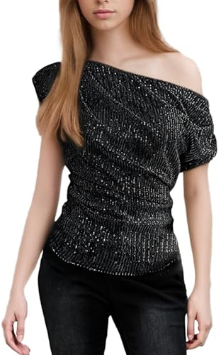 Fiohiros Einschultriges Pailletten-Top, glitzerndes Pailletten-Top für Damen, strafft die Taille, gerüschtes Wickel-Glitzer-Top für Party (DE/NL/SE/PL, Alphanumerisch, M, Regular, Regular, Schwarz)