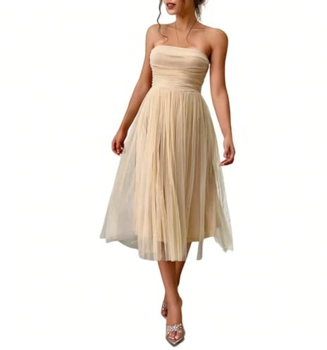 FUPODD Abendkleider Damen Bandeau Pailletten Tüllkleid Rückenfrei Cocktailkleid Midi Abendkleid Elegant Hochzeit Musselin Kleider Frauen Glitzer Kleid Festliche Ballkleid Schulterfreies Partykleid