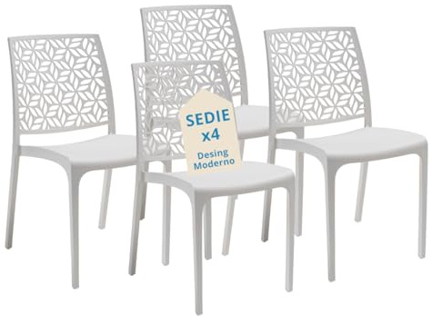 Tomaino - Sedia in Plastica Da Cucina - Set 6 Sedie Plastica Impilabili Con Braccioli Per Esterno e Interno - Sedie per Giardino, Soggiorno, Balcone o Bar (4, Bianco)