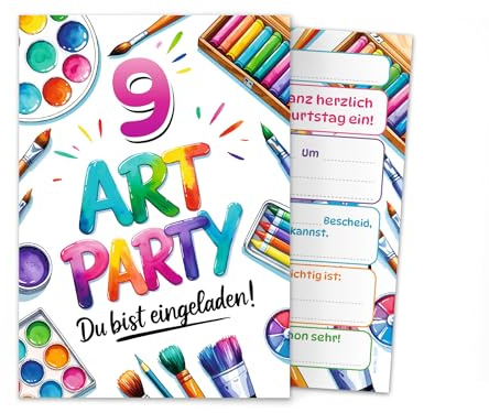 Junaversum 12 Einladungskarten zum 9. Kindergeburtstag Art Kreativ-Party Malparty Kunst Basteln DIY Künstlerparty Kinder Mädchen Einladungen neunte Geburtstag Geburtstagseinladungen Kids