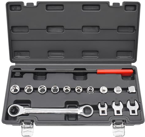 Yuesstloo 15pcs Universal Ratcheting Serpentine Belt Tool Set, Serpentine Belt Removal Installation Tensioner Kit with Ratcheting Wrench, Crowfoot Wrenches, Socket Adapters, 6-Point Sockets