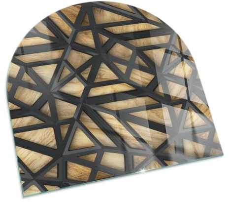 Eldstad golvskydd glas tryck | kaminplatta dekorativ | härdat värmebeständig panel | gnistskydd braskamin | stilrent hem - 100x100cm - avkortad oval - Geometri med trä
