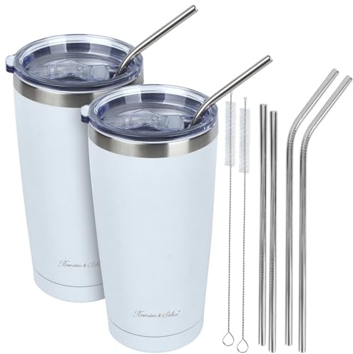Rosenstein & Söhne Thermobecher: 2er-Set doppelwandige Isolierbecher, weiß, 600 ml, Edelstahl (Trink-Becher, Isolierbecher für Smoothie, EIS)