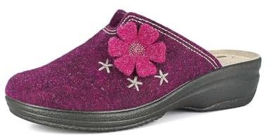 inblu Femme Pantofole Donna Con Applicazione Fiorata, Leggera Zeppa E Plantare in Vera Pelle Chausson, Prune, 41 EU