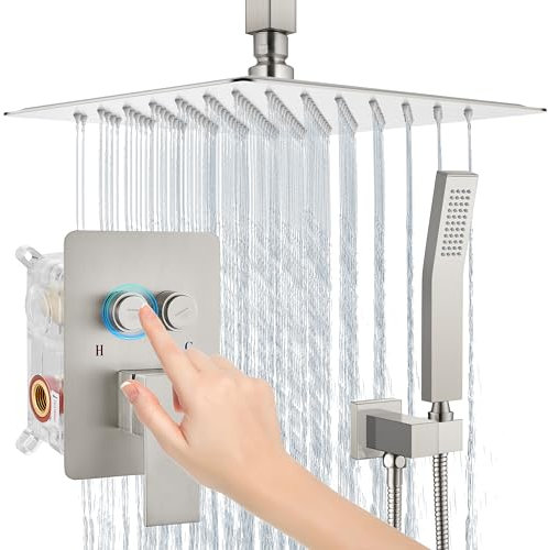 Système de Douche Pommeau de Douche à Effet Pluie avec Fixation au Plafond et Ensemble de robinetterie, Garniture de Valve Brute Incluse, inverseur à Bouton-Poussoir pour Salle de