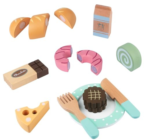 Jouet en Bois Accessoire Cuisine Enfant, Aliments Jouets Éducatifs de Simulation pour Enfants, Desserts, Goûter, Jeux de Rôle