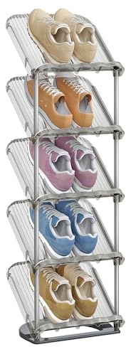 SONGMICS Zapatero de 5 Niveles, Estante Inclinado, Organizador de Zapatos de Plástico, 24,5 x 28,4 x 102,5 cm, Modular, para Entrada, Pasillo o Vestidor, Gris LPC049GZ01