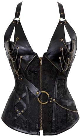 Corsé de Halloween para mujer, de piel sintética, estilo gótico, espirala, varillas de acero, corsé, Negro , XXL