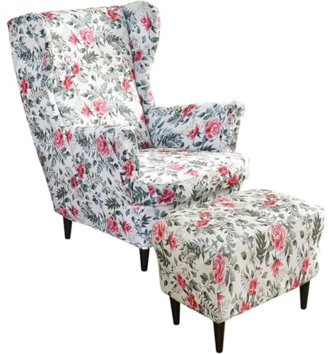Generisch Ohrensessel überzug mit Hocker Bezug- 2 Teilig Sessel-Überwürfe+1 Teilig Ottomane Schonbezug, Beige/Grün/Rosa/Blau Schonbezüge Sesselhusse Stretch Stuhlbezug mit Armlehne,X