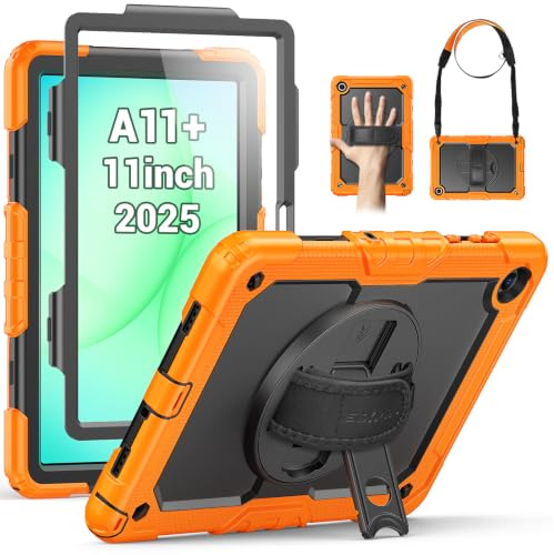 SEYMAC Hülle für Samsung Galaxy Tab A11+/A11 Plus - 11 Zoll 2025, Orange | Stoßfeste Hülle mit Displayschutzfolie, 360°Drehbarem Ständer, Handschlaufe, Schultergurt, Stifthalter, Arbeit/Outdoor&Alltag