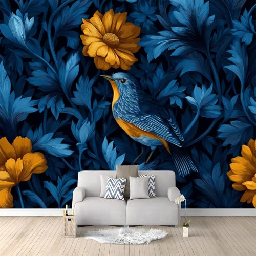 Generico Carta da Parati Moderna Fiori Uccelli Blu Scuro 300x210 cm 3D Poster Gigante Carta da Parati, Tessuto Non Tessuto Fotomurale per Camera Letto, Soggiorno, Corridoio