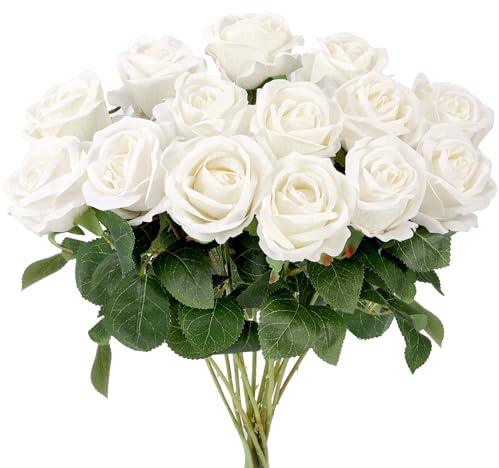 Auihiay 14PCS White Roses Artificial Flowers, Velvet Silk Faux Roses with Long Stems for Mother's Day, Wedding Centerpieces, Anniversary, Party, Home Decoration & DIY Floral Arrangement