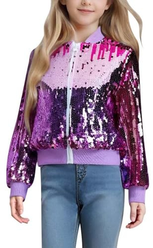 Generisch Costumes de carnaval pour enfants filles Carnaval Bloc de couleurs Paillettes Perles Fermeture éclair Veste à manches longues, Rose, 9-10 ans