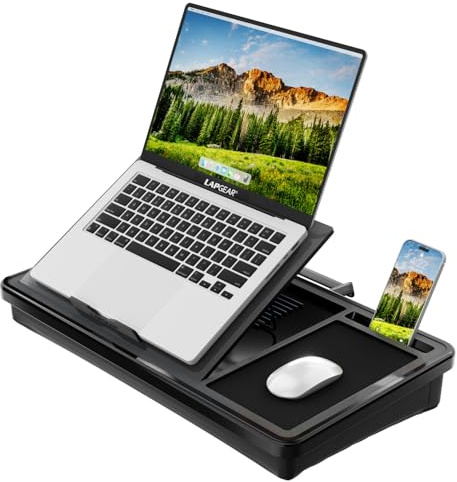 LAPGEAR Ergonomischer Pro 2.0 Schoßschreibtisch mit 9 verstellbaren Höhen, integriertem Mauspad & Telefonschlitz - Vollständiges Mikroperlenkissen, Aufbewahrungstasche, passend für Laptops bis 15,6
